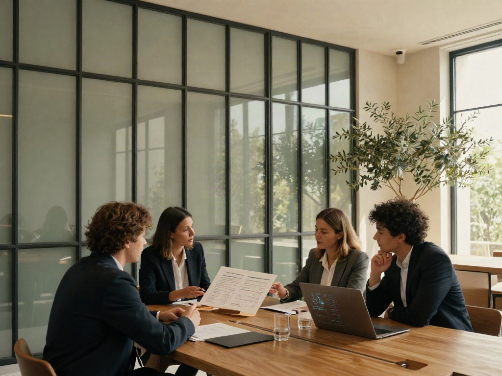 Consultants sharing perspectives during a business strategy session in a bright contemporary boardroom